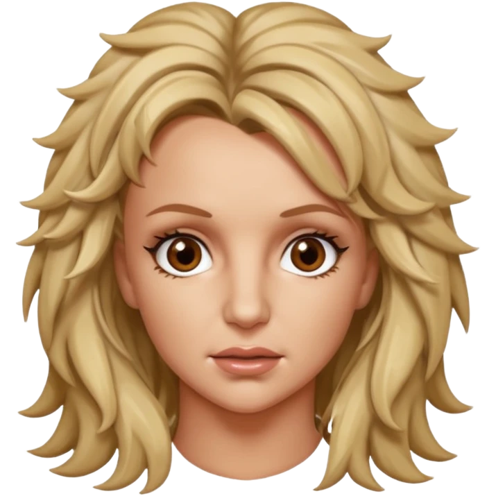 Britney Spears with big dead pan brown eyes and messy hair. Headshot. emoji