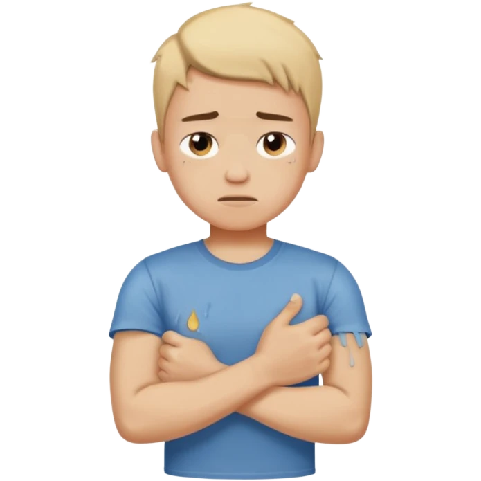 dolore muscolare a un arto di un ragazzo con la maglietta emoji