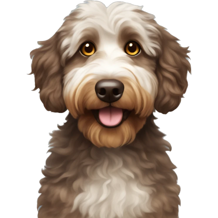 Brown and tan Aussiedoodle with yellow eyes and a bun on the top of head emoji