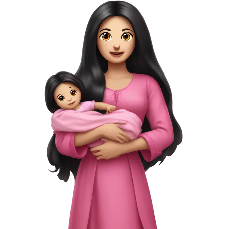Beautiful Russian lady with very long black hair pink clothes holding baby  emoji