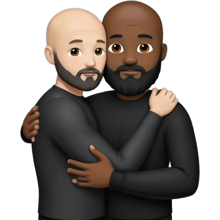 Two males hugging wearing all black both bald both have black beards one African American and the other Caucasian  emoji