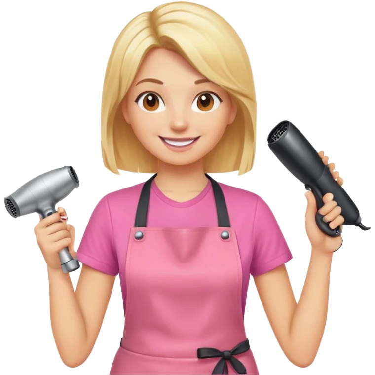 blonde female hairstylist smiling, pink t-shirt, orange apron, hands up, holding scissors and hairdryer clearly shown emoji