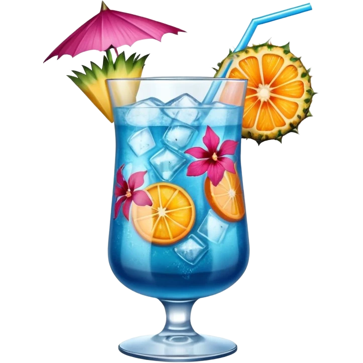 vibrant tropical fruity blue cocktail with hibiscus, pineapple and orange garnishes emoji