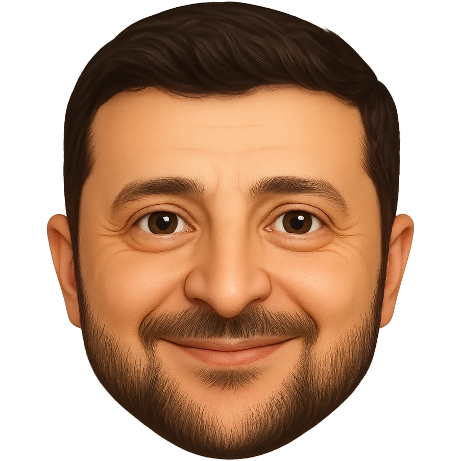 Vladimir Zelensky as an emoji with a round face, close likeness to his real face, detailed hair, beard, and eyes, friendly smile, high quality emoji
