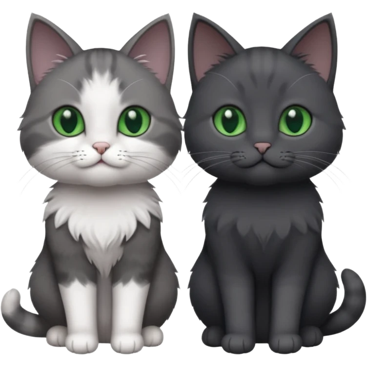 2 different coloured small cats including a dark grey and white and a completely solid dark grey with green eyes and only white paws emoji
