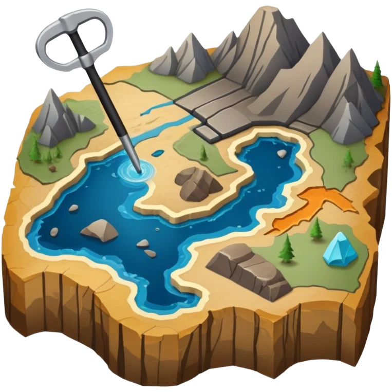 An icon featuring a crowbar and a geological map, and layers of Earth’s crust, symbolizing geology. The design includes mineral samples, fossils, and tectonic plates, representing the study of Earth’s structure and natural processes. Transparent background highlights geological exploration emoji