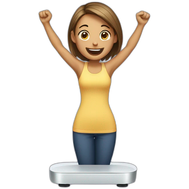 woman standing on weight scale, holding arms up in excitement emoji