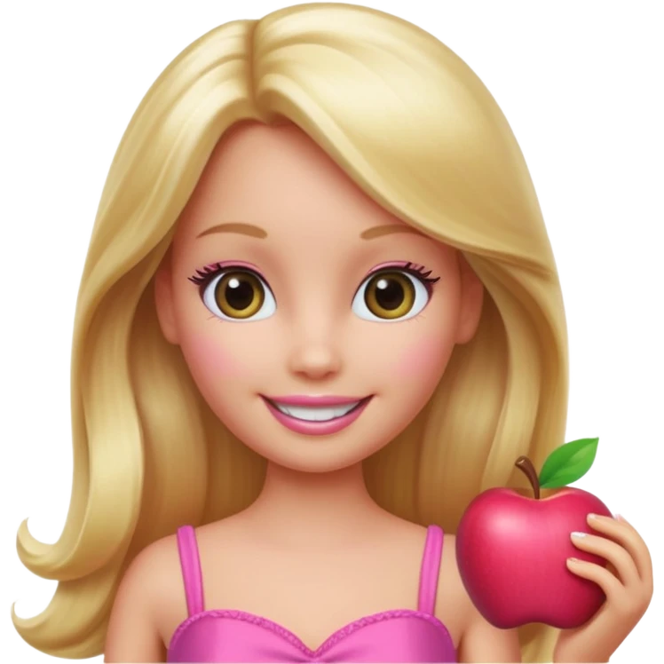 A Barbie-inspired Apple emoji character, big shiny emoji eyes, long blonde hair, wearing a pink dress, smiling, 3D Apple emoji style, clean white background, soft shading. emoji