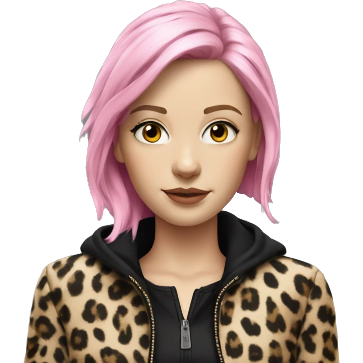 Hyperrealistic WHITE GIRL WITH BLACK AND PINK HAIR AND A JACKET OF LEOPARD AND BLACK SHIRT  emoji