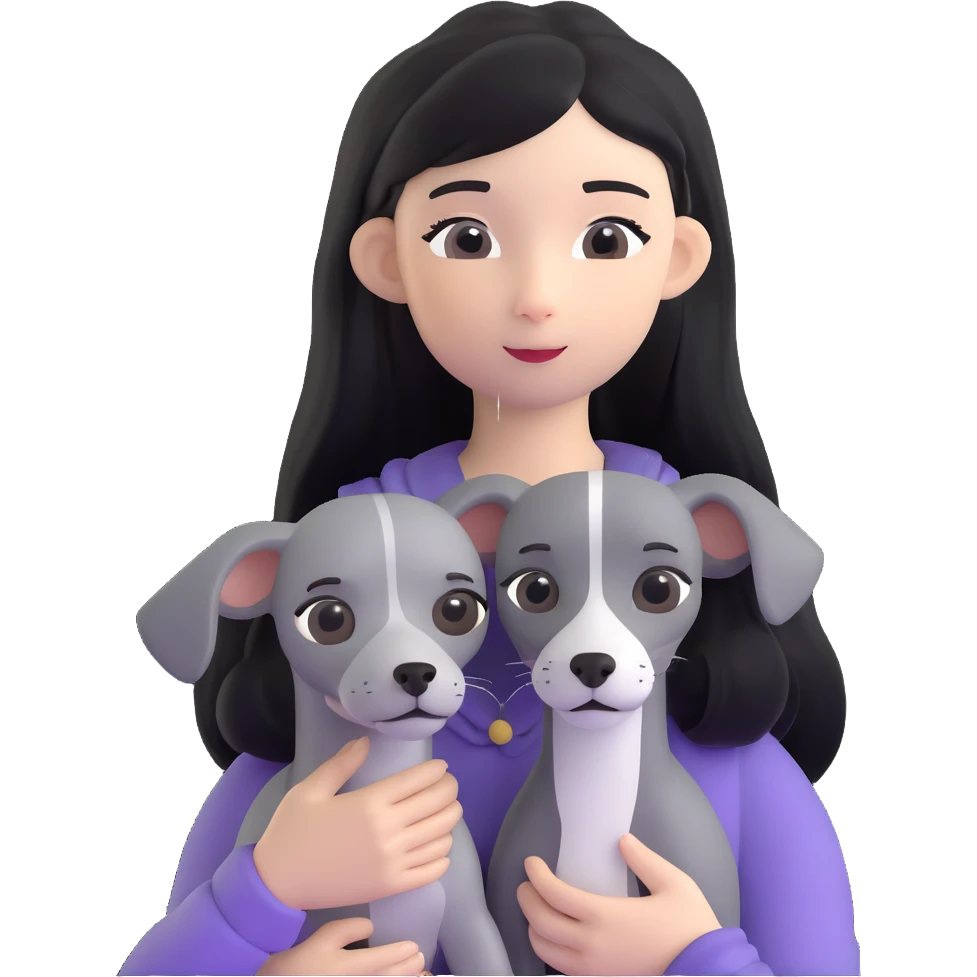 Slim Chinese girl with long black hair holding solid grey Italian greyhound with no white markings on nose emoji