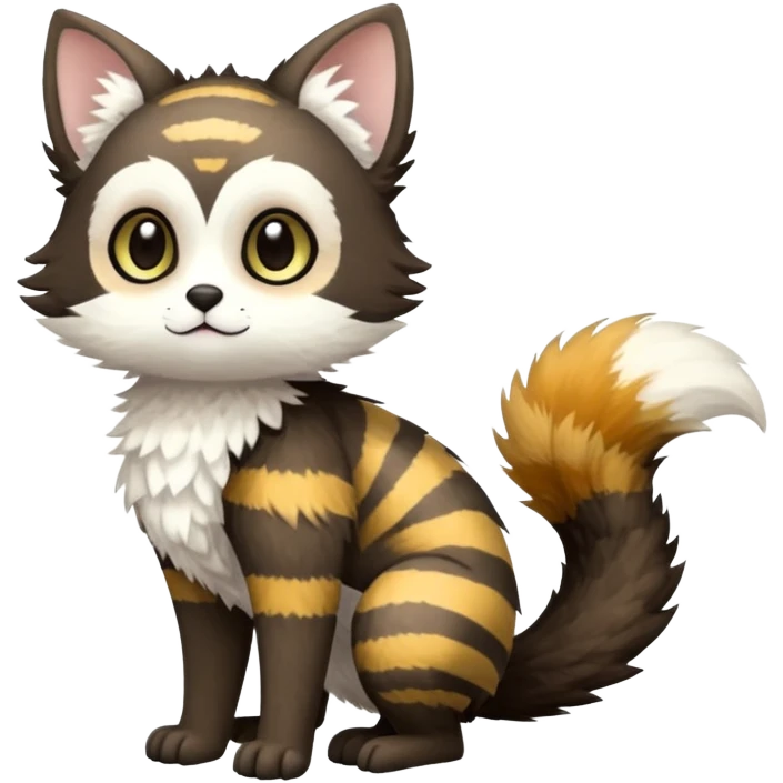 lush warm-colored Fakémon-Trico-creature (full body) with white cheek markings, white-striped tail emoji