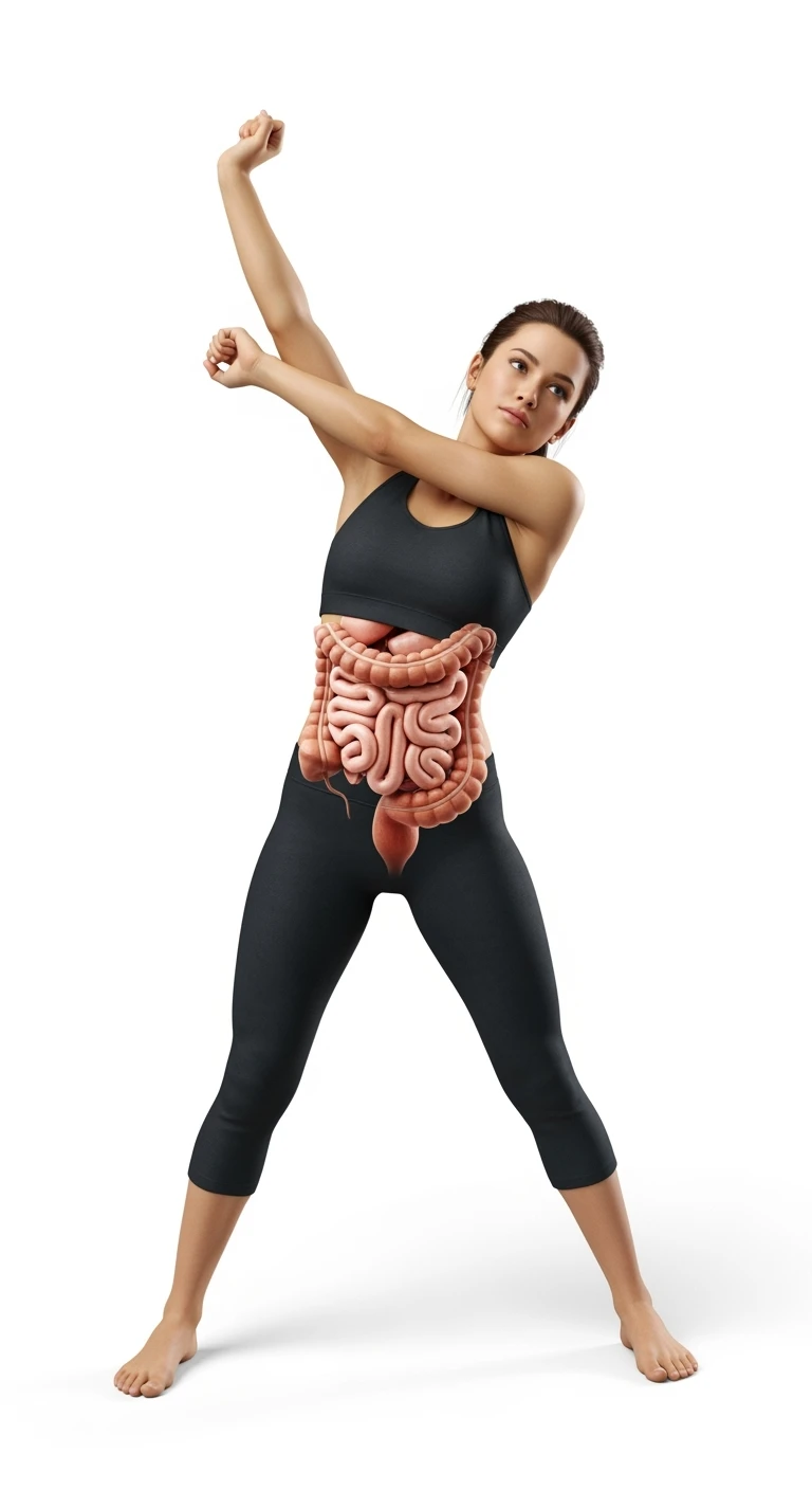 donna che fa stretching con intestino umano anatomico in evidenza, realistica 4k sfondo bianco emoji