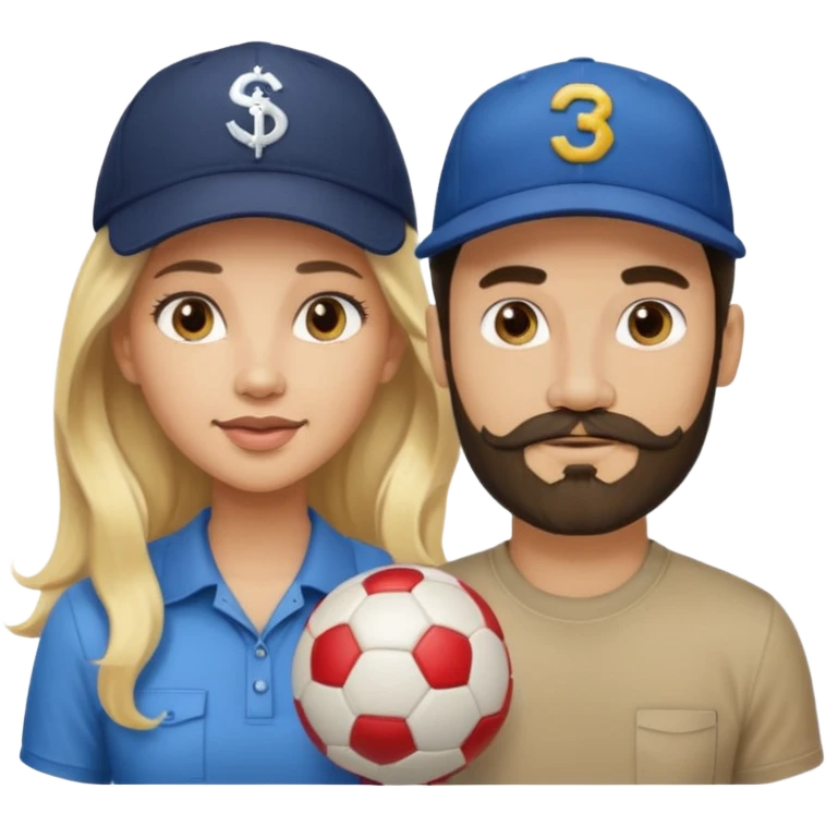Light skin Woman with long dark hair,pretty with a light skin guy with a blonde mustache and beard wearing a ball cap on emoji