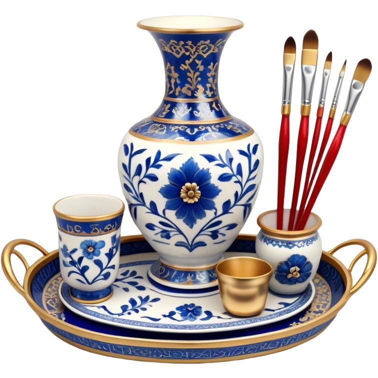 Metal painting icon, a metal vase, tray and one metal cup with 3 brushes, each decorated with different techniques: Gzhel-style blue floral patterns, Chinese red and gold designs, and intricate Golden embroidery-style details. Visible fine paintbrush, paint pots, and accessories like porcelain palette, minimalistic style, clean lines, transparent background. emoji