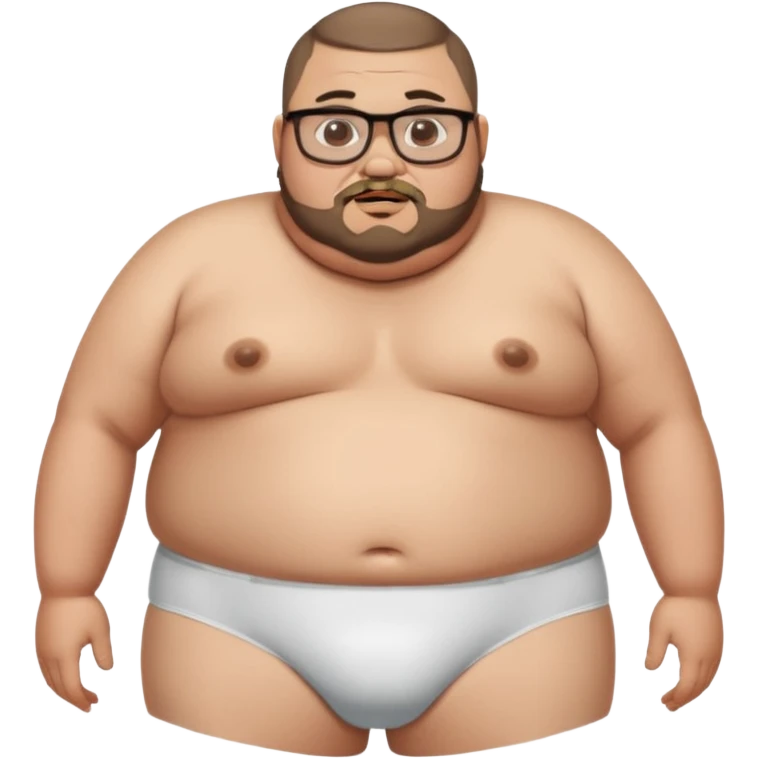 A full body standing, morbidly obese, fat, shirtless mexican guy in his white underwear , with a short buzzcut, a beard, and glasses thats drooling stupidly emoji