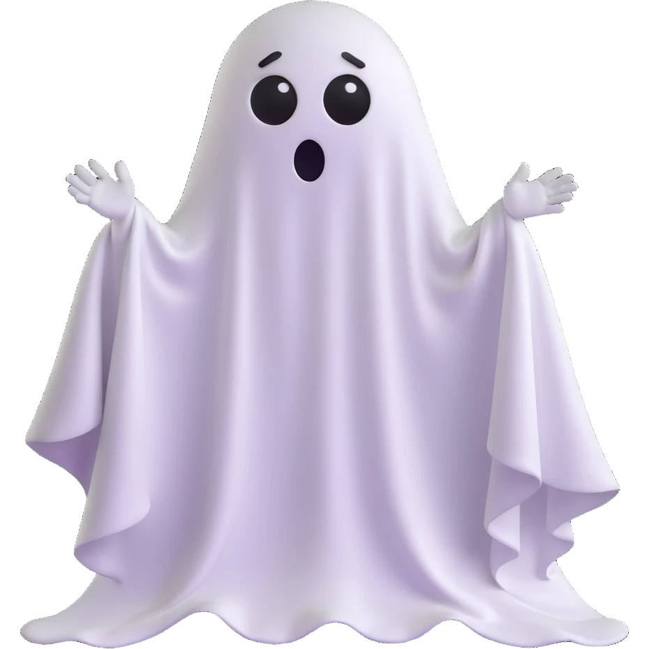emoji with a ghost sheet over it, exaggerated scared expression with very wide eyes and raised eyebrows emoji