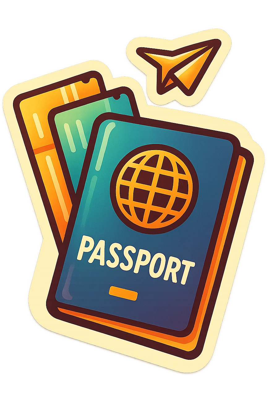 retro sticker-style image of a passport with two tickets, a small paper plane flying above, bold outlines, juicy colors, expressive shadows and highlights emoji