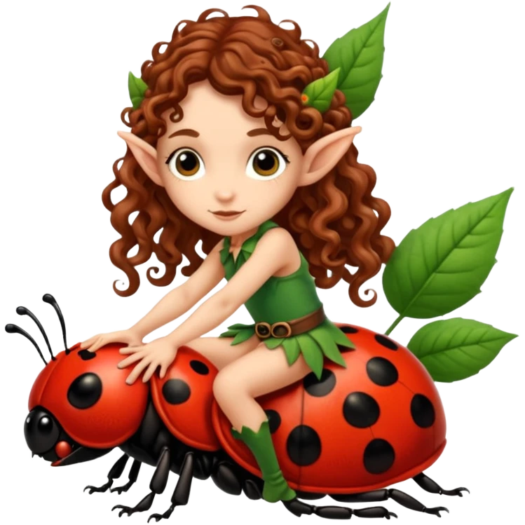 tiny forest elf long curly brown hair tattoos riding ladybug emoji