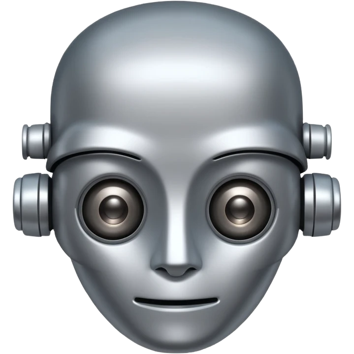 A friendly robot face with innocent eyes and an uncovered brain emoji