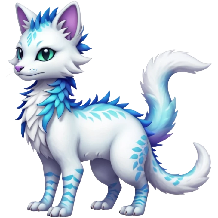 Kawaii white iridescent edgy cute cool fantasy feline-vernid-sergal-fursona animal creature with a tufted tail full body with intricate markings  emoji