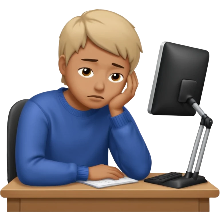 A person wearing a jumper experiencing burnout, exhausted and overwhelmed, tired eyes, slumped posture, sitting at a desk, iOS emoji style emoji