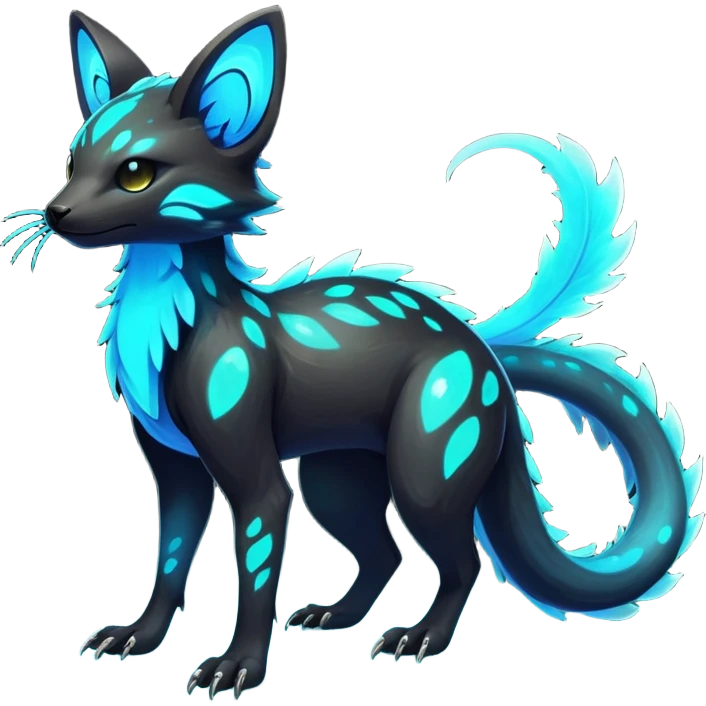 Rare realistic dark-neon glowing bioluminescent edgy badass epic pretty beautiful handsome gorgeous aesthetic colorful vibrant Vernid-Trico-species-Fakemon-creature by LiLaiRa, 4 legs, 1 tail, random markings, (full body) emoji