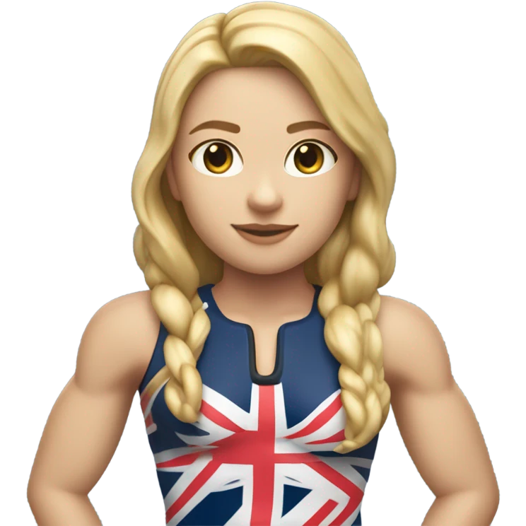 A girl with long blonde hair with wide shoulders wearing a Great Britain rowing swimming suit and has toned muscles and add a necklace that has a sea shell pendant on it. The necklace is around the neck and the pendant is on her chest  emoji