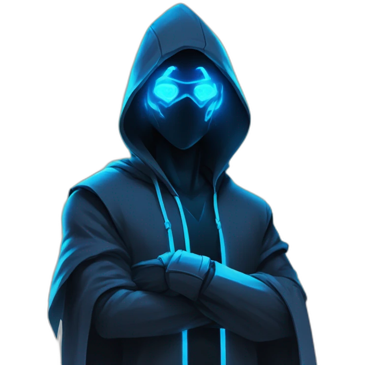 developer behind his laptop with the style of Riot Games Valorant neon blue eyes glowing bright blue Video game character blue black hooded assassin themed character shrouded wraith emoji