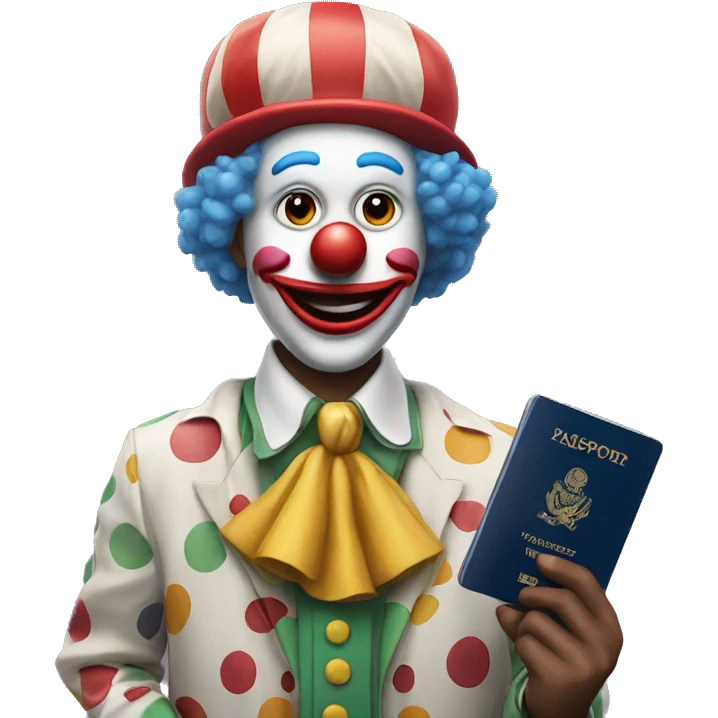 Clown holds a passport emoji