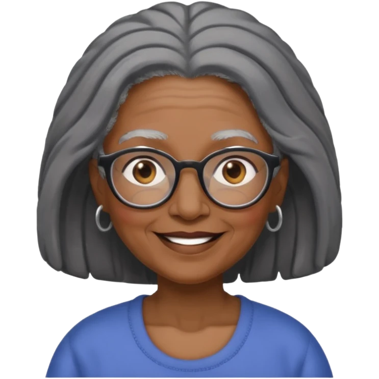 emoji of a black grandma with long hair that reaches past shoulder black and gray hair with glasses and brown eyebrows emoji