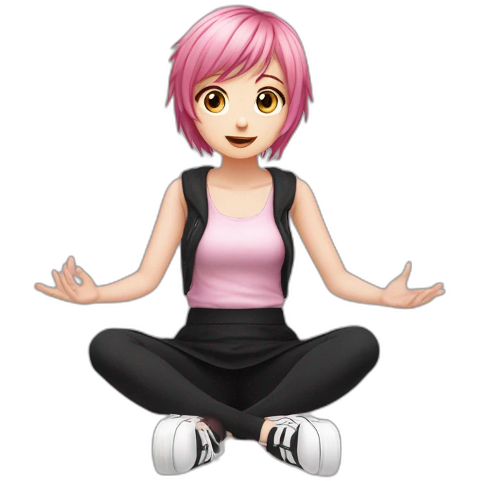 Full body Front view curvy emo girl pink hair sits on the floor straight view hands up black skirt белые трусики полосатые рваные чулки emoji