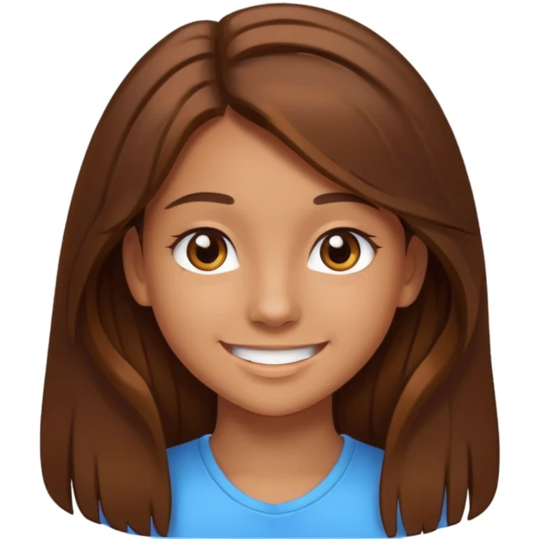 teen emoji girl with long brown hair, brown eyes, smiling, white background emoji