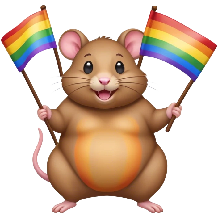 Fat rat holding rainbow flags looking excited  emoji