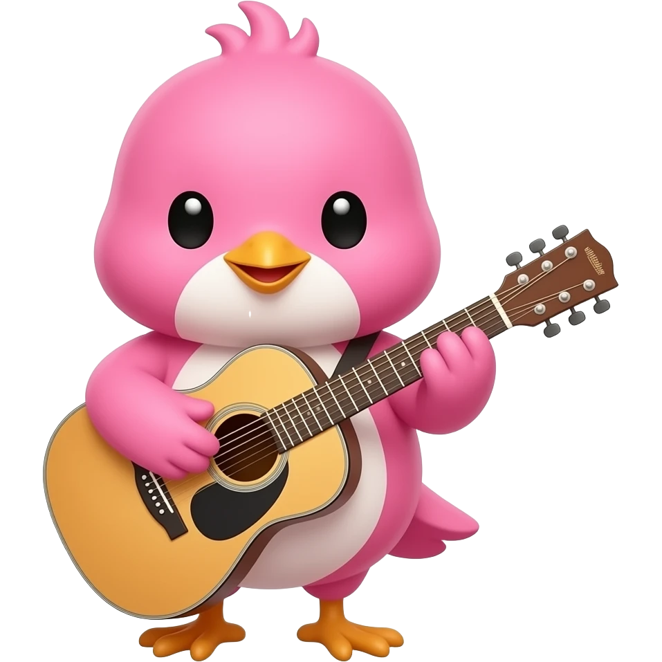 lovable small pink bird in a kawaii style playing a guitar. the image must be a transparent .png emoji
