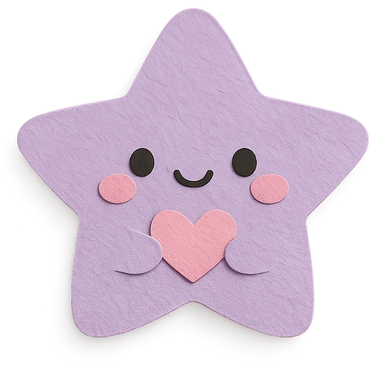 adorable pastel purple star holding a tiny pastel heart, no arms or legs, full body, transparent background, kawaii paper craft style emoji