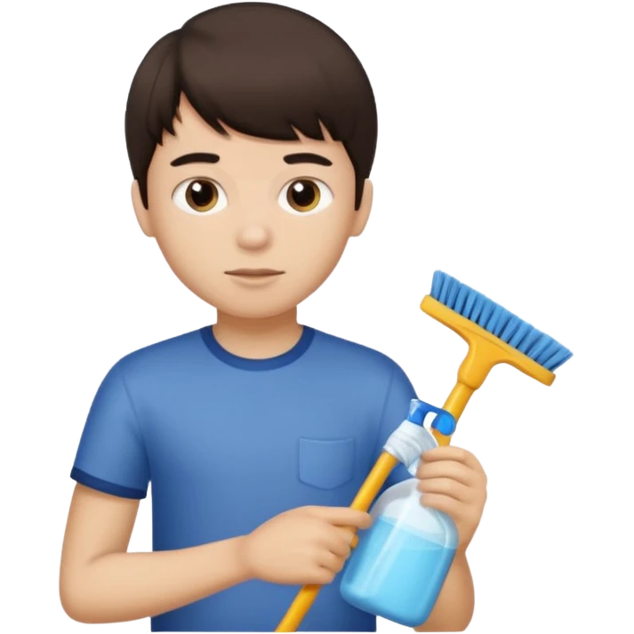 boy dark brown hair with bangs with straight eyebrows cleaning emoji