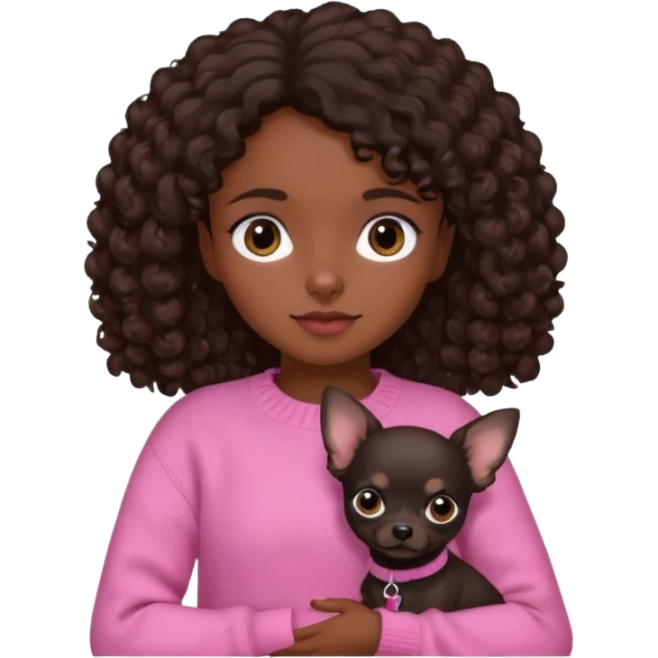 Girl with dark brown curly hair and brown eyes in a pink sweater holding a black chihuahua emoji