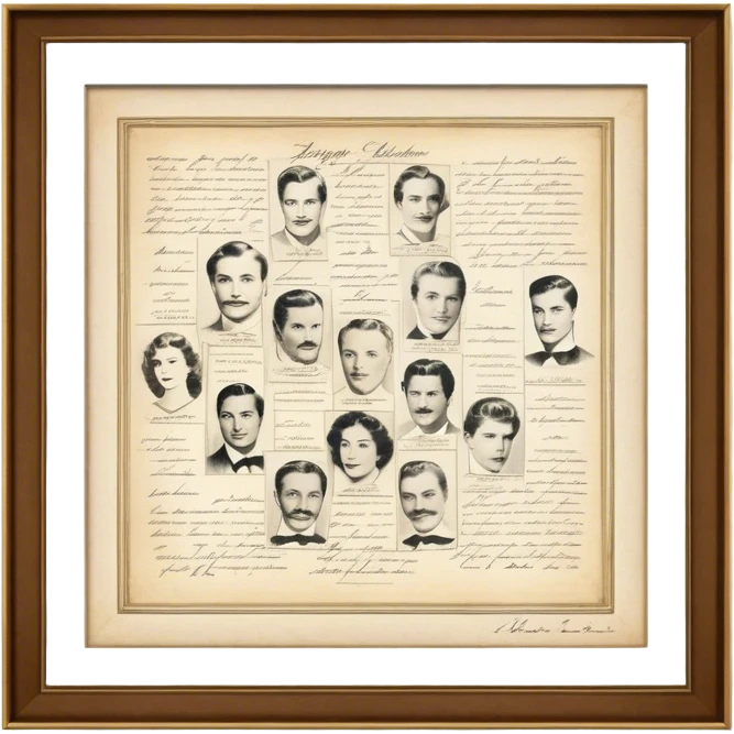 Icon for Autograph Collecting: several vintage framed with signatures of famous celebrities sheets stacked one on top of the other, each . The icon should evoke the charm and history of collecting autographs. Transparent background. emoji