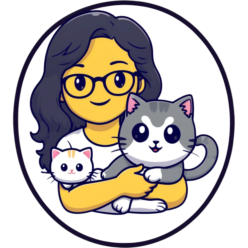 Young woman with warm yellow skin tone, oval face, long black wavy hair, thin-framed glasses, smiling while holding a grayish-white Munchkin cat with short legs and gray marking under its mouth emoji