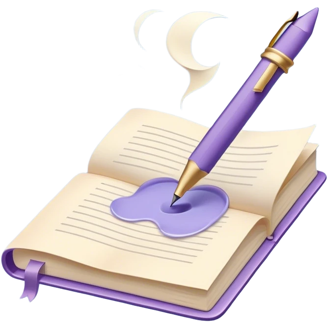 Create a whimsical and poetic emoji symbolizing poetry. The design should have several elegant pages floating smoothly in the air with short poetic columns written on them. Add a white pen resting gracefully on the pages and an inkwell. The overall color palette should include soft pastel tones such as light blue, purple and cream, which will add airiness and dreaminess to the design. Make the background transparent emoji