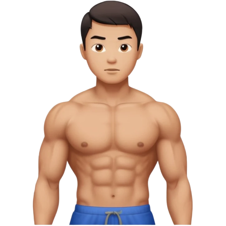A standing buff shirtless asian guy with a really square jawline. Make his jawline extremely square and exaggerated. Also give him a middle part haircut emoji