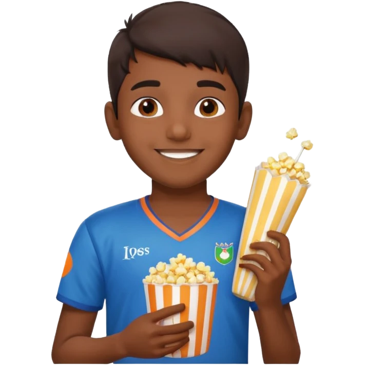 an indian boy wearing indian cricket jersey and eating popcorn emoji