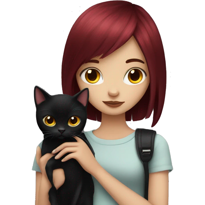 Girl with burgundy hair and emo fringe holding a black cat emoji