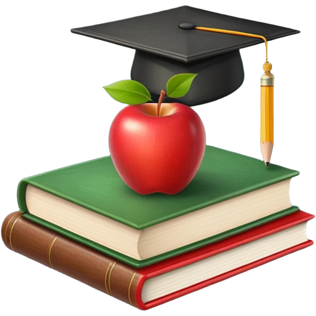An icon featuring an open book, a chalkboard with lesson plans, and a pencil, symbolizing education and pedagogy. The design includes an apple and a graduation cap, representing teaching and learning. Transparent background highlights the growth and development in education. emoji