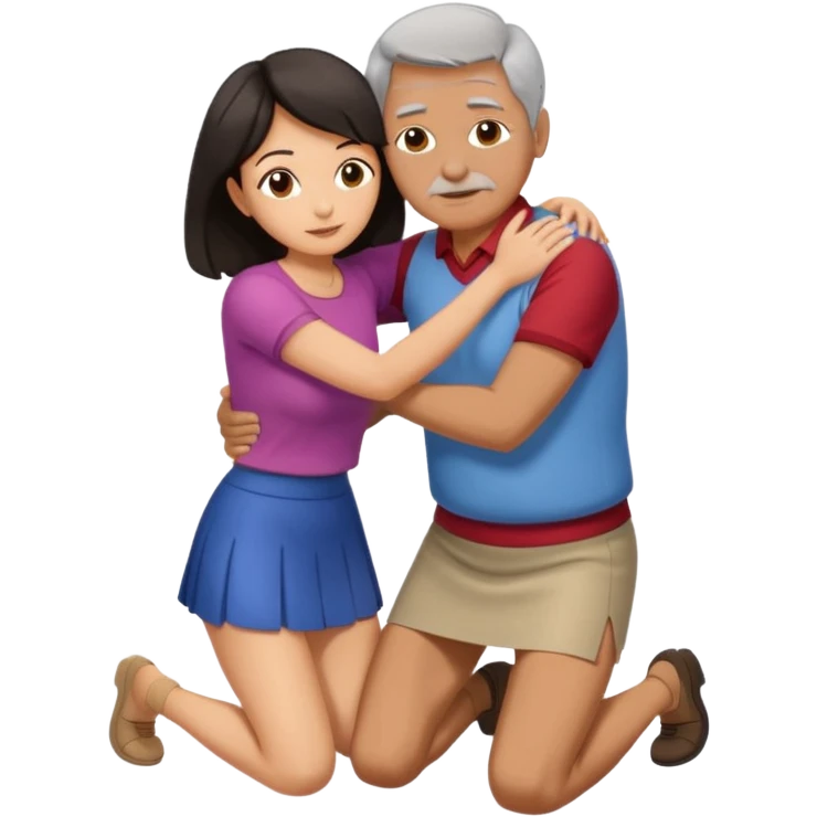 older man with dark hair on knees, facing dark haired, middle aged woman in a micro mini skirt, hugging her waist emoji
