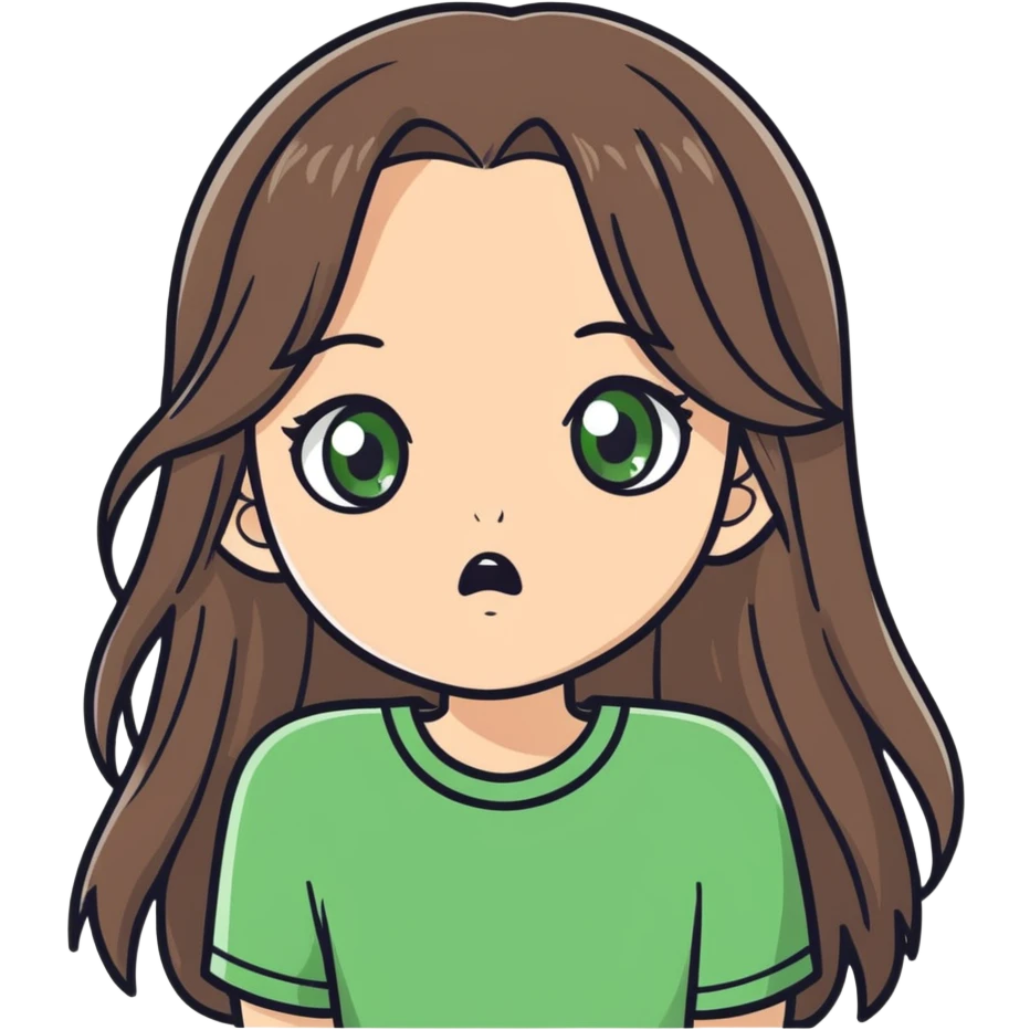 white girl, long brunette hair, green eyes shocked  emoji