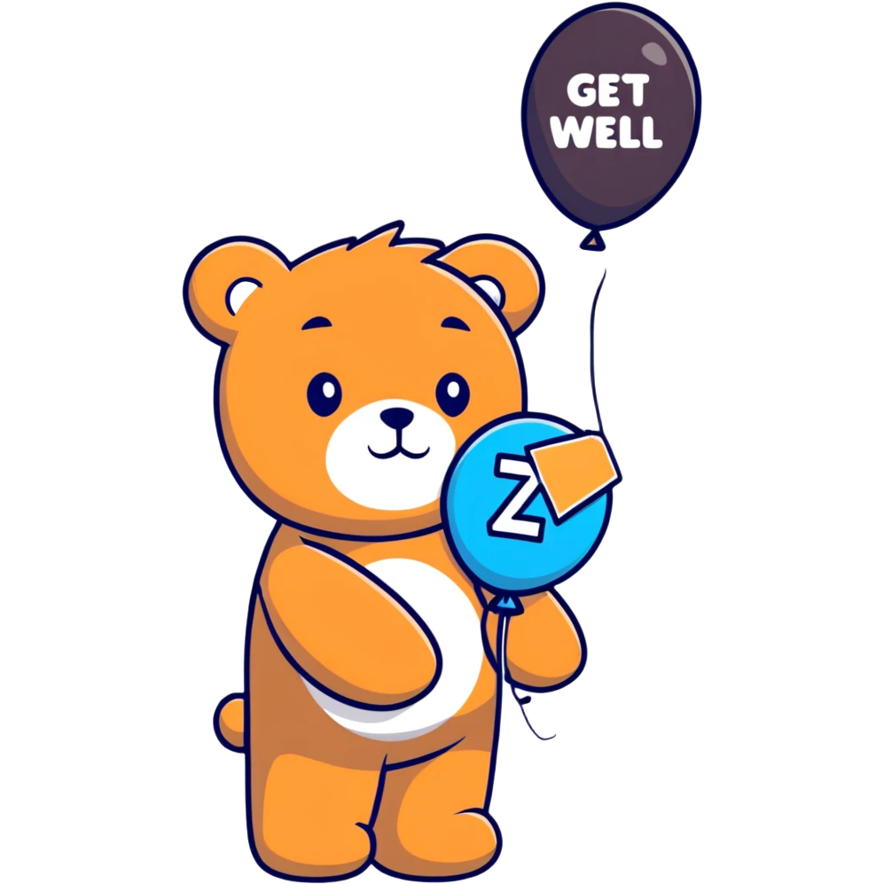 Cute teddy bear with a bandage holding a get well balloon emoji