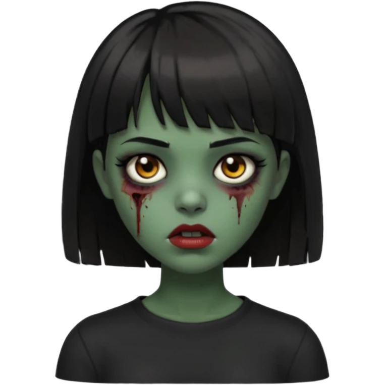 Zombie girl emoji verde escuro com cabelo curto liso preto no ombro e franja na altura da sobrancelha cobrindo completamente a testa, usando uma blusa preta, com olhos castanhos escuros emoji