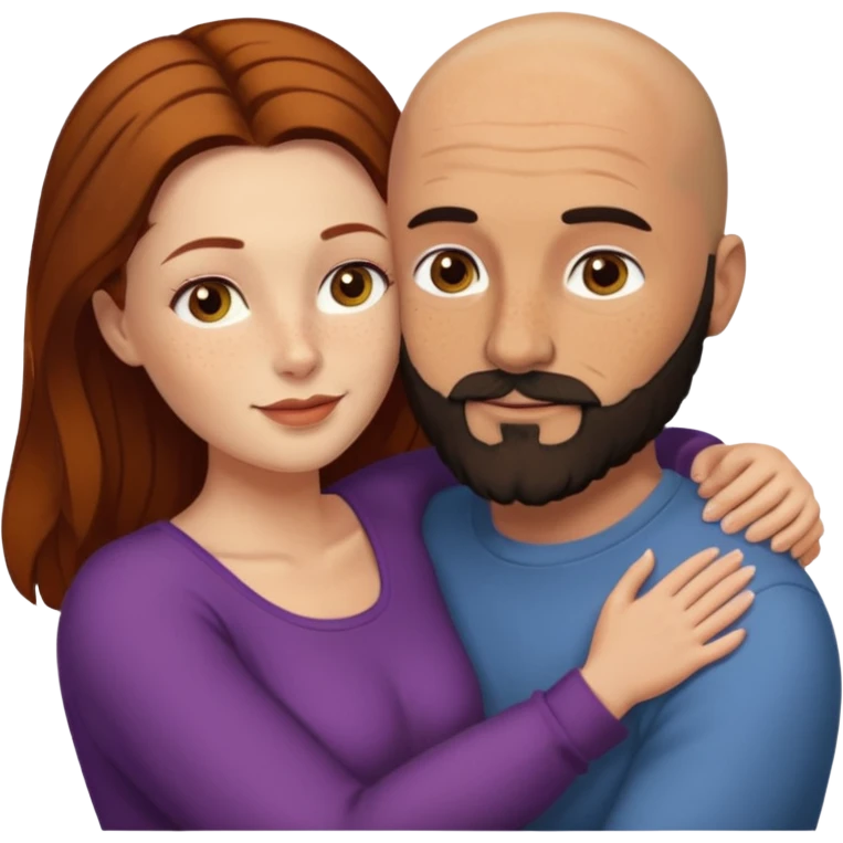 Couple. Bald man with dark brown-black beard. White woman with many small, faded freckles, she has white skin and she has auburn-yellow-brown-cinnamon, dark long hair. She has light brown eyes. The man have hazel eyes. Retro style. They hug. emoji
