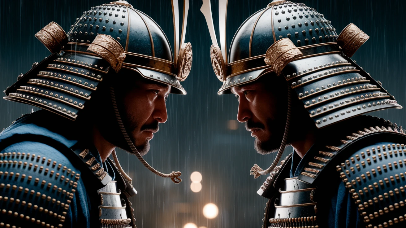 A cinematic scane of a two japan samurai face to face ready to fight during rain, Medium shot, deph composition, tense atmosphere, shot by arri alexa emoji